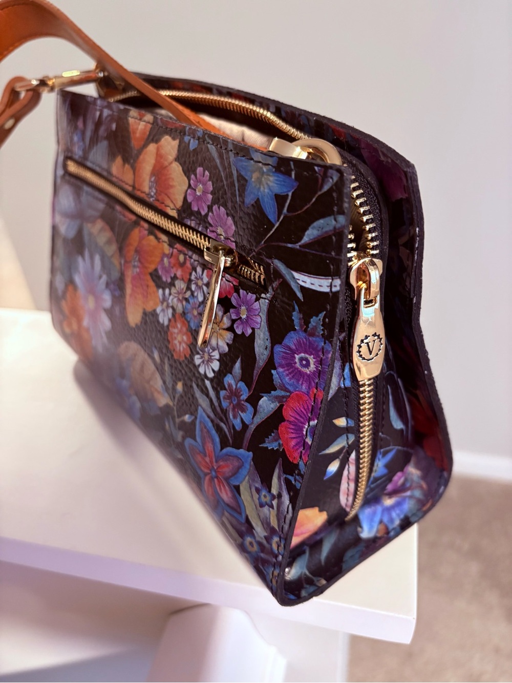 Valentina Black Floral Wristlet Clutch with Gold Hardware